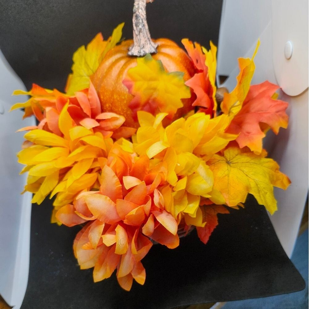 Hand Crafted Floral Table Centerpiece Fall Chrysanthemum Pumpkin Basket